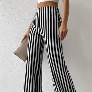 Black and White Casual Womens High Waist Vertical Striped Flare Leg Pants